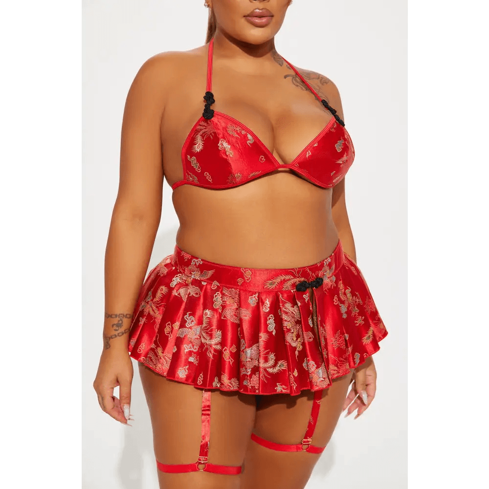 Red Satin Jacquard 3 Piece Bra and Skirt Set with Garter Straps - Total Trendz