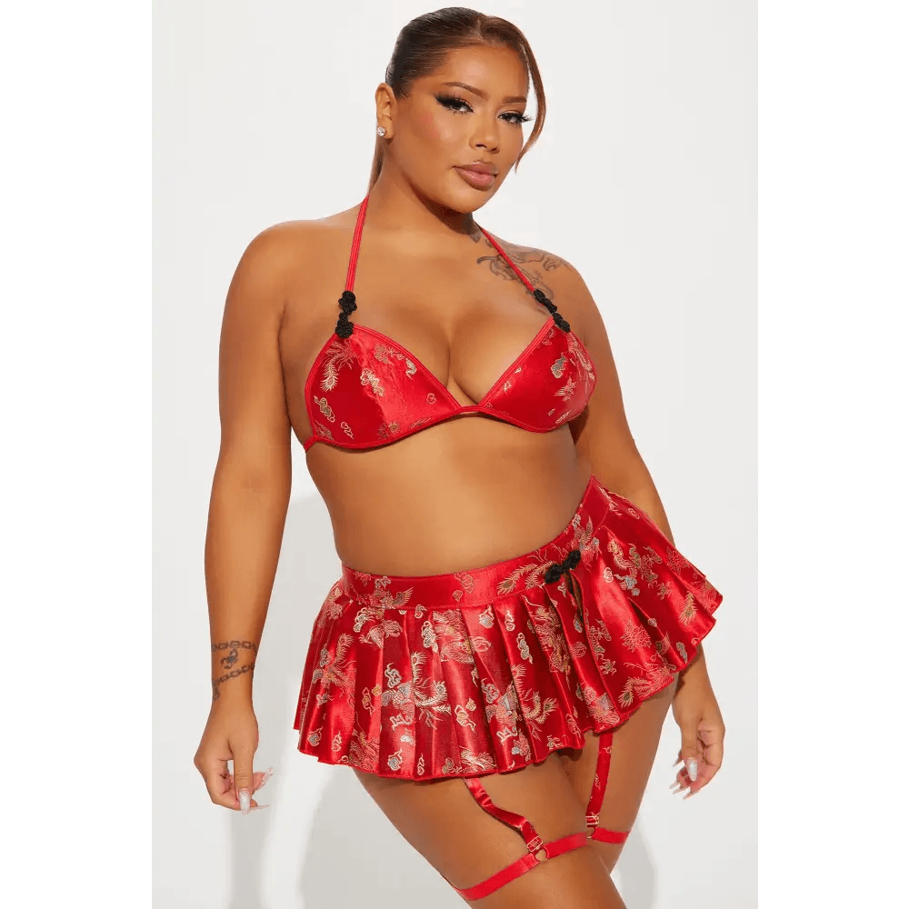 Red Satin Jacquard 3 Piece Bra and Skirt Set with Garter Straps - Total Trendz