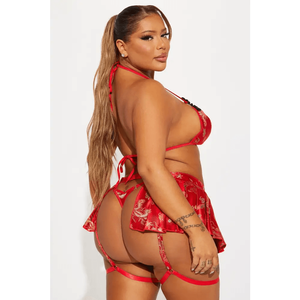 Red Satin Jacquard 3 Piece Bra and Skirt Set with Garter Straps - Total Trendz