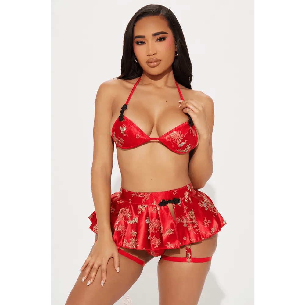 Red Satin Jacquard 3 Piece Bra and Skirt Set with Garter Straps - Total Trendz