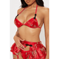 Red Satin Jacquard 3 Piece Bra and Skirt Set with Garter Straps - Total Trendz