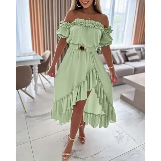 Chic Off the Shoulder Dress with Frill Hem and Ruffles Fit - Total Trendz