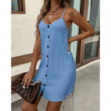 Textured V-Neck Button Front Spaghetti Strap A Line Mini Dress - Total Trendz