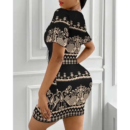 Slight Stretch Plunge Sleeve Mini Dress - Chic Tribal Pattern - Total Trendz