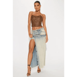 Vintage Wash Maxi Skirt in Tinted Denim with High Slit and Pockets - Total Trendz