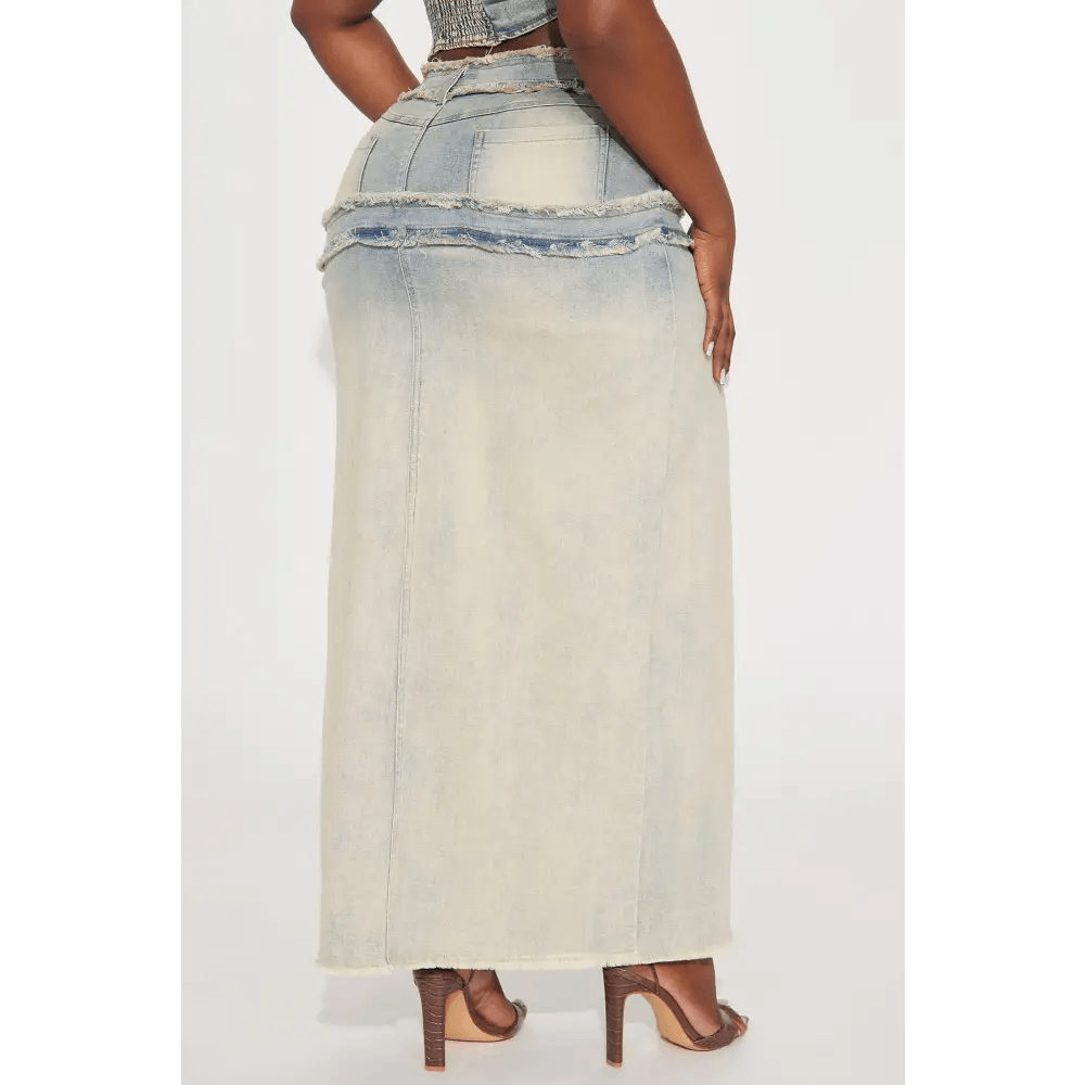 Vintage Wash Maxi Skirt in Tinted Denim with High Slit and Pockets - Total Trendz