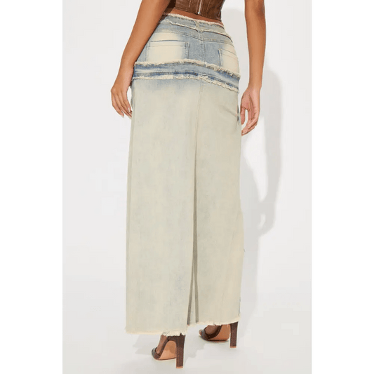 Vintage Wash Maxi Skirt in Tinted Denim with High Slit and Pockets - Total Trendz