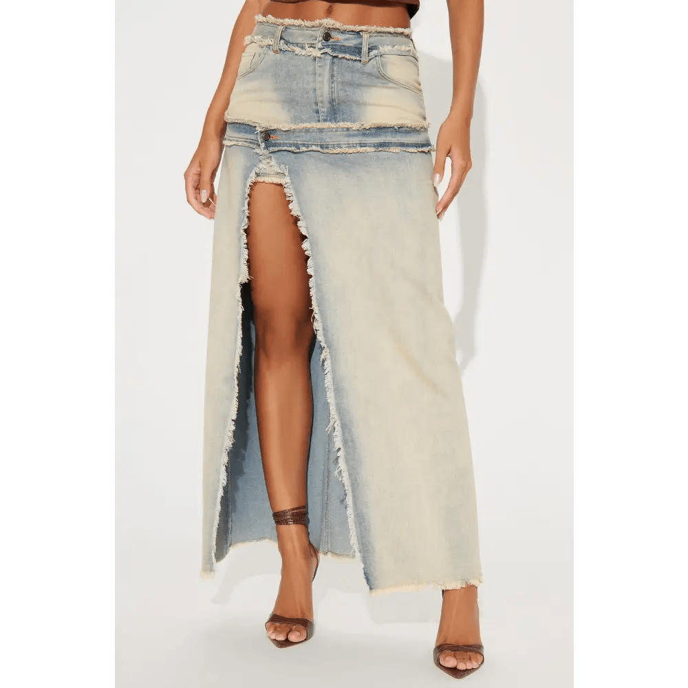 Vintage Wash Maxi Skirt in Tinted Denim with High Slit and Pockets - Total Trendz