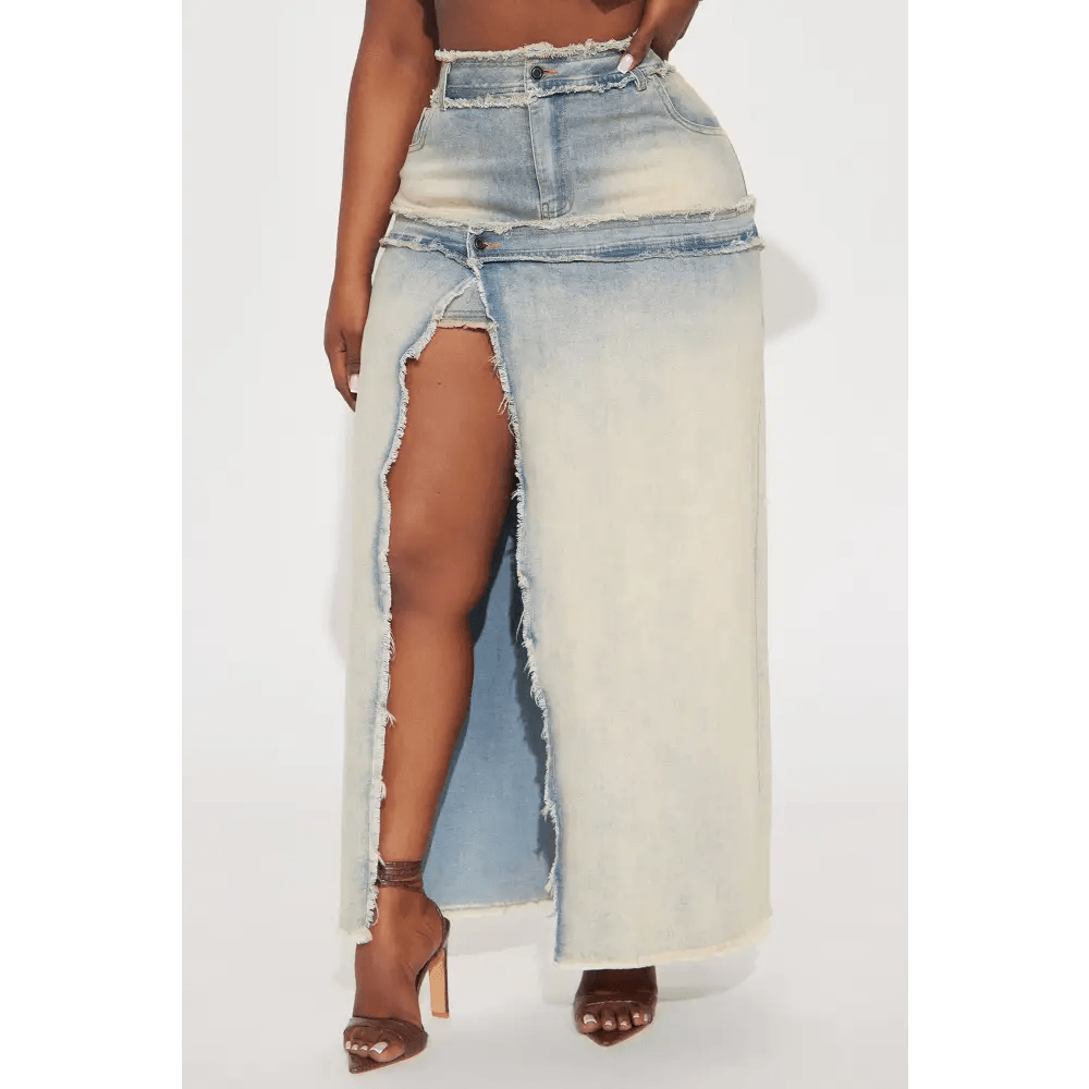 Vintage Wash Maxi Skirt in Tinted Denim with High Slit and Pockets - Total Trendz